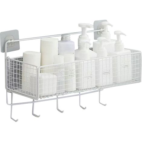 Panier de rangement mural multifonction fer suspension organisateur rack avec crochet de cuisine salle de bain blanc (1/5)