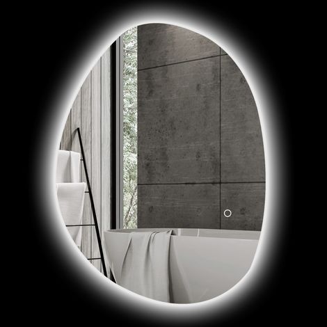 Miroir asymétrique de salle de bain de 70 x 50 cm avec lumière LED, interrupteur tactile intelligent, fonction anti-buée, argenté