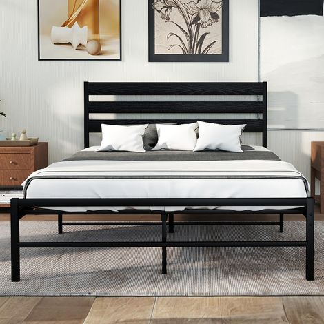 Cama de metal negra con cabecero cómodo de MDF y diseño moderno para colchón 200x140 cm (1/5)