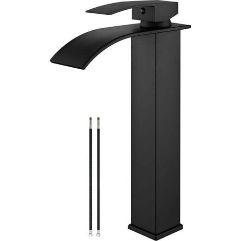 Robinet de lavabo noir mat, robinet de salle de bain à haute cascade, robinet de lavabo monotrou à poignée unique avec grand bec rectangulaire, robinet de lavabo de bar, meuble-lavabo