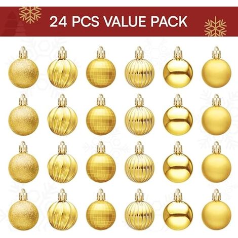 Lot de 24 mini boules de Noël dorées incassables de 4 cm (1,6 pouce) à suspendre pour sapin, couronne, guirlande, fêtes, mariage, décoration de maison (1/4)