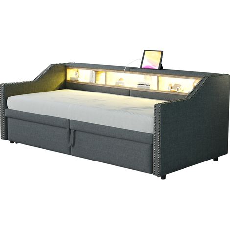 Letto estraibile imbottito 90/180 x 200 cm grigio scuro con LED, USB e contenitore (1/5)