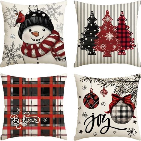 Fundas de cojín decorativas navideñas con un alegre diseño de muñeco de nieve y copo de nieve, 45 x 45 cm, estampado de árbol de Navidad a cuadros rojos (juego de 4). (1/5)