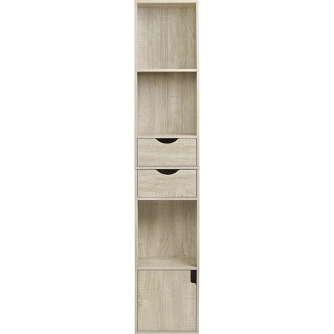 Schmales hohes Bücherregal mit 3 Fächern, 2 Schubladen und Tür, Holzwerkstoff, Eiche hell (1/5)