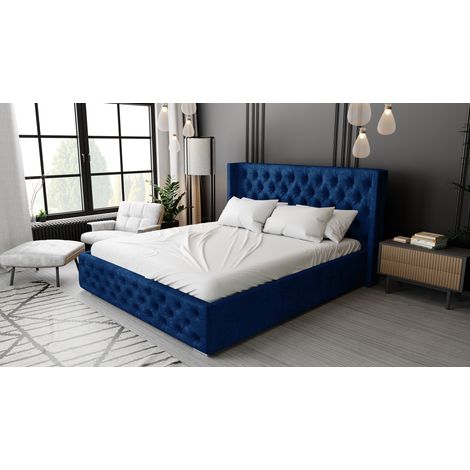 Emporius Lit glamour 160x200 avec rangement Rolia, lit adulte style Chesterfield Bleu (1/5)
