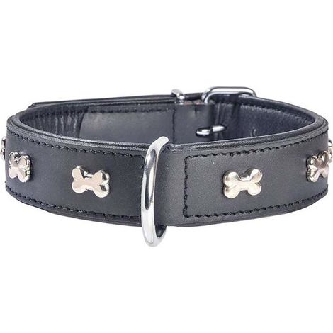 Collare nero 50×2,70 cm: Schwarzes Lederhalsband mit glänzend vernickelten Knochen Modell Extra Souple für Hunde