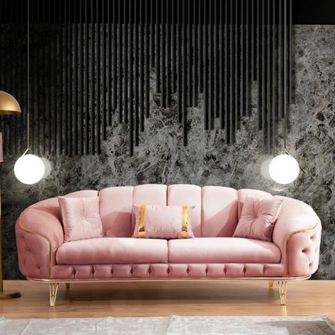 Divano 3 posti Mino in velluto Milano 30 rosa antico con bordino e base appoggio dorati
