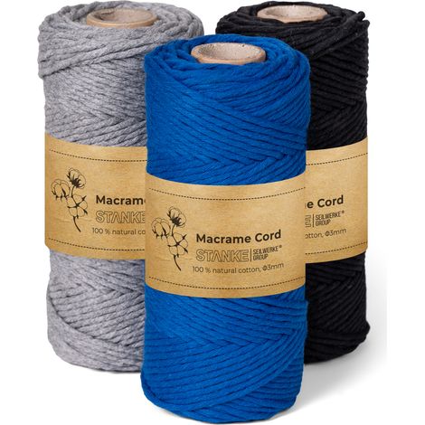 STANKE Set fil macramé 3mm 3x100 m - couleurs : Noir, Bleu, Gris - fil de coton pour crochet, DIY boho, paniers, attrape-rêves - corde coton pour dessous de verre, sacs - 100% cotton, torsadé, doux
