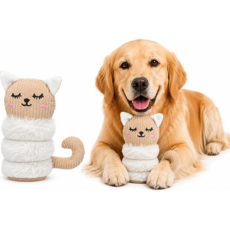 Jouet Chien - Chat Beige - Peluche côtelée - avec couineur - 11,5 x 6 x 15 cm (1/2)