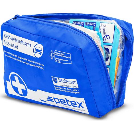 petex Verbandtasche DIN 13164-2022, 43-teilig, kompakt, hygienisch verpackt, inkl. Maske und Feuchttücher, EU-Standard für Auto