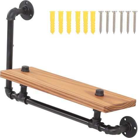 Étagère murale rétro en bois et fer forgé, planche suspendue style tuyau, pour bar, cuisine et coin salon.