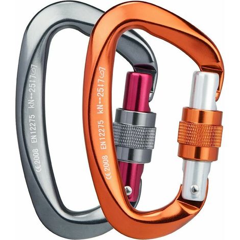 royaluxe -2pcs Mousquetons Escalade [25KN] Certifié CE Mousqueton Aluminium avec Bouchon à Vis, Forme de D, Idéal pour Alpinisme, Randonné,Le Sauvetage, Camping et Pêche (1/5)