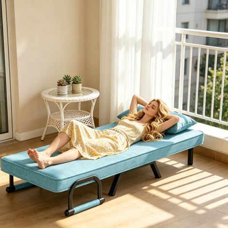 Fauteuil convertible pliant 3 en 1 en lin bleu et métal, dossier réglable, 80 x 74 x 82 cm (1/5)