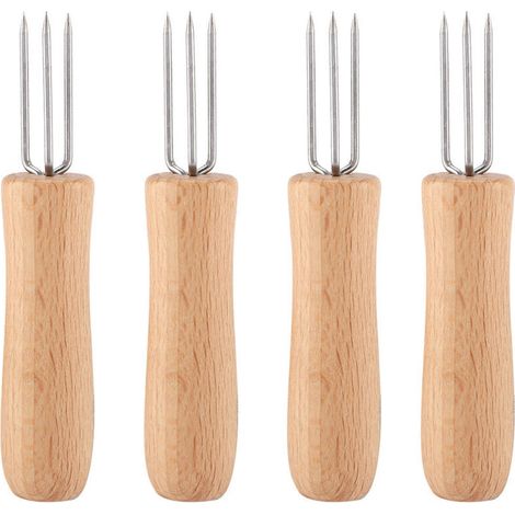 4 Fourchettes en Acier Inoxydable avec Manche en Bois pour Barbecue et Fruits