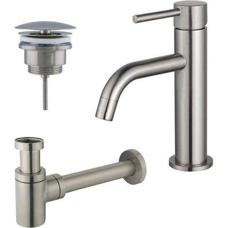 FugaFlow Eccelente Sobrado Slim Slim Kit mitigeur lavabo - robinet bas - bonde non-obturable - siphon design bas - PVD Inox brossé (1/4)
