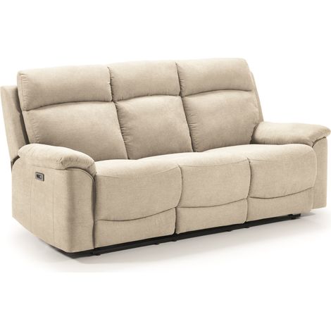 Canapé de 3 places, 2 relax électriques en tissu couleur Ivoire - Longueur 192 x Profondeur 87 x Hauteur 99 cm (1/4)