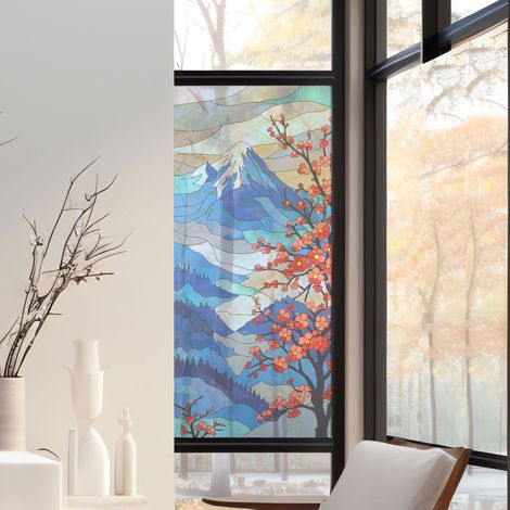 Stickers décoratifs électrostatique, mont fuji, montagnes, cerisier, effet vitrail, 150 cm X 67,5 cm (1/2)