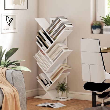 Libreria ad albero con 7 ripiani e sistema antiribaltamento per soggiorno o camera da letto, 50x24x109 cm, bianca (1/5)