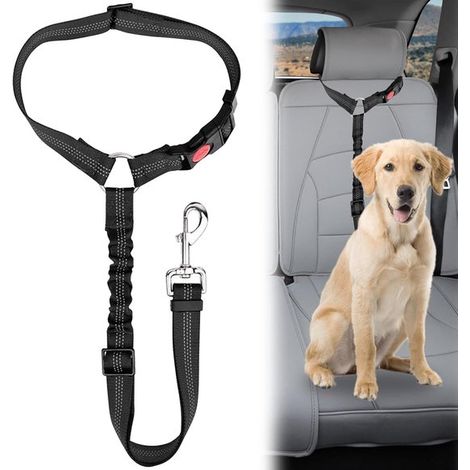 2-in-1 Hunde-Autositz-Sicherheitsgurt mit Kopfstützenbefestigung stoßdämpfender reflektierender Nylon-Haustiergurt verstellbare Breite 72-84 cm 2 (1/5)