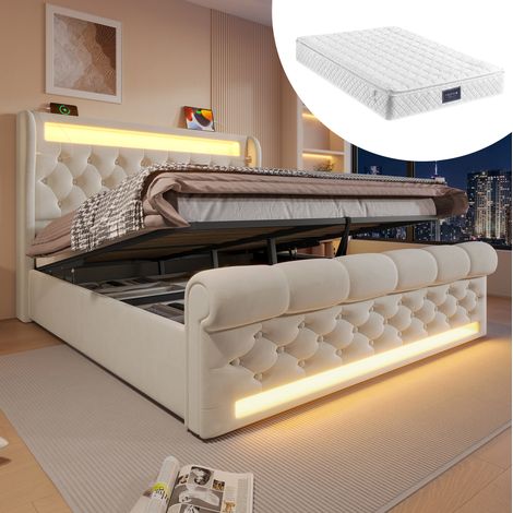 Letto 140x200 cm beige in velluto con LED, contenitore e materasso (1/5)