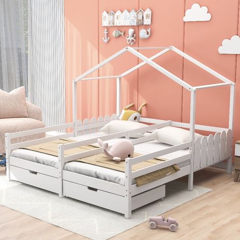 Hausbett Kinderbett für zwei Kinder mit 2 Schubladen und Rausfallschutz, geteiltes Doppelbett aus FSC-Kiefernholz, 200x90 cm, Weiß (1/5)