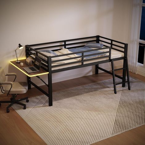 Lit mi-Hauteur métal 140x200 cm avec Étagères de Rangement et LED Télécommande - Lit Enfant/Ado Gain de Place Robuste - sans Matelas - Noir (1/5)