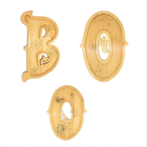 Plateau de service en bois pour Halloween (lot de 3), motif « BOO », idéal pour décorer une table de cuisine ou une cheminée. (1/5)