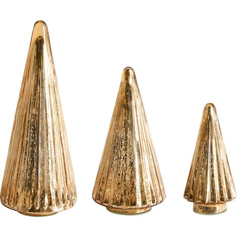 Set of 3 Decorative Figurines Gold Glass Christmas Trees Festive Decoration Handmade 3 Different Sizes OYEREN (1/5)