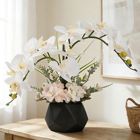 Fleurs d'ochidée artificielles avec Vase, Fleurs artificielles en Pot, orchidée phalaenopsis pour décoration de la Maison (Style 2, Vase Noir) (1/5)