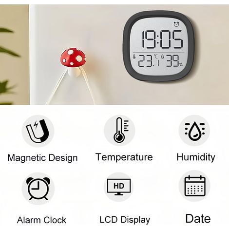 Magnetischer digitaler LCD-Wecker mit Thermometer, Datums-, Temperatur- und Luftfeuchtigkeitsanzeige, zur Wandmontage geeignet. 12-/24-Stunden-Format. Ideal für Zuhause, Küche und Büro (schwarz).