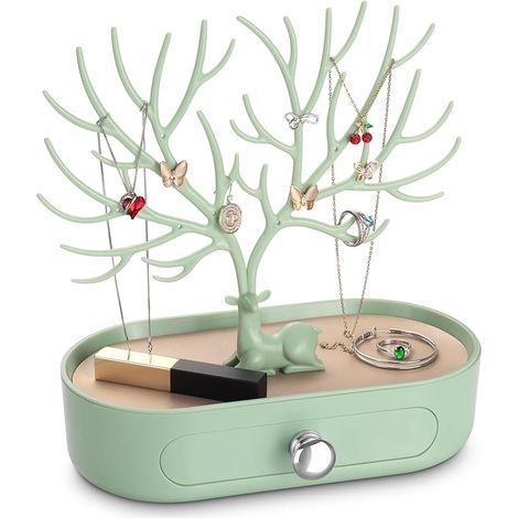 Arbre Porte Bijoux avec Tiroirs, Support Présentoir à Bijoux pour Boucles D'oreilles, Colliers, Bracelets et Bagues, Plastiques, Poignée Plaquée Argent (1/5)