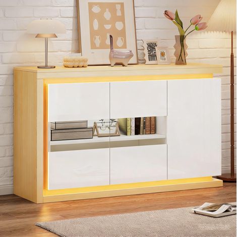 MEUBLIV Sideboard 140x40x84 cm Weiß – 3 Türen, LED, gehärtetes Glas (1/5)