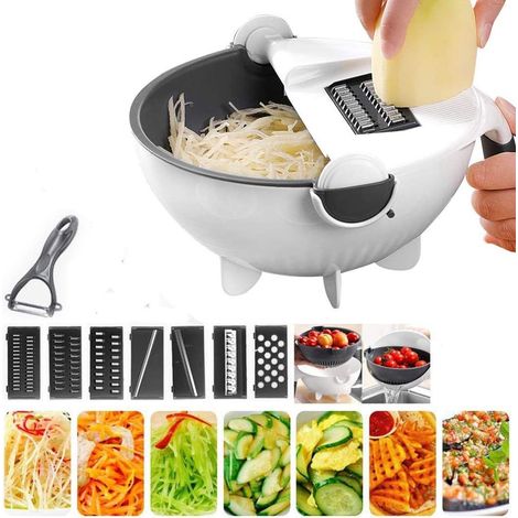Tagliaverdure rotante magico con cestello scolapasta, tagliaverdure manuale, cestello scolapasta, grattugia, grattugia, tagliaverdure rotante, ciotola scolapasta, utensile da cucina