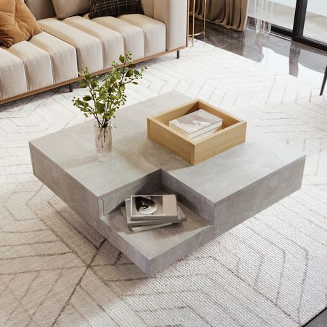 Tavolino da salotto con contenitore estraibile, design effetto cemento grigio e legno, 72 x 72 x 30 cm, struttura stabile per soggiorno moderno CHICFURN (1/5)