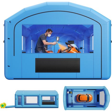 Cabine de Peinture Gonflable 7x4x2,75 m Souffleur de 550W+750 W Bleu, Tente de Pulvérisation Portable à Toit Arqué, Filtre en Coton et Espace Vestiaire, pour VTT, Moto et Meubles Taille Moyenne (1/5)