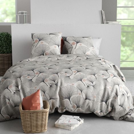Parure housse de couette 260x240cm + 2 taies motif feuillage ginko gris 100% coton - FREZIA (1/4)