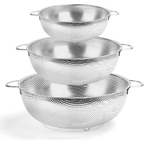Lot de 3 passoires passoire en acier inoxydable avec poignée égouttoir métallique perforé pour pâtes/fruits compatible lave vaisselle 16/22/28 cm (1/5)
