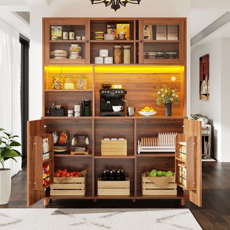 Hochschrank mit 2 Schiebetüren und 3 Verstellbaren Einlegeböden, LED und USB, für Küche, MDF, Walnuss, 140×40×185 cm