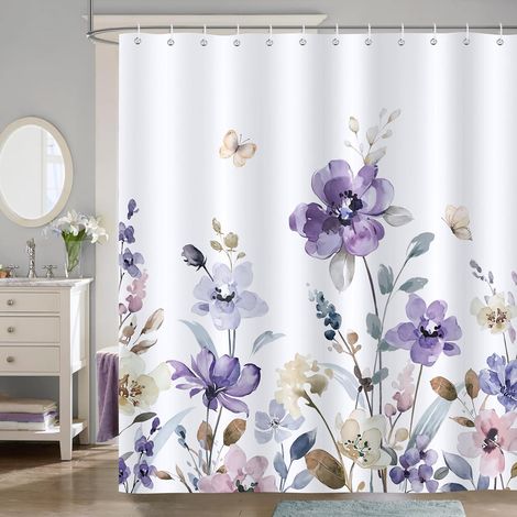 CCYKXA Watercolor Purple Flowers and Leaves Shower Curtain, Bath Curtain, Polyester Fabric, Anti-Mold, Waterproof, Washable, Bathroom Curtain 180 x 180 cm with 12 Hooks for Bathtub (1/5)