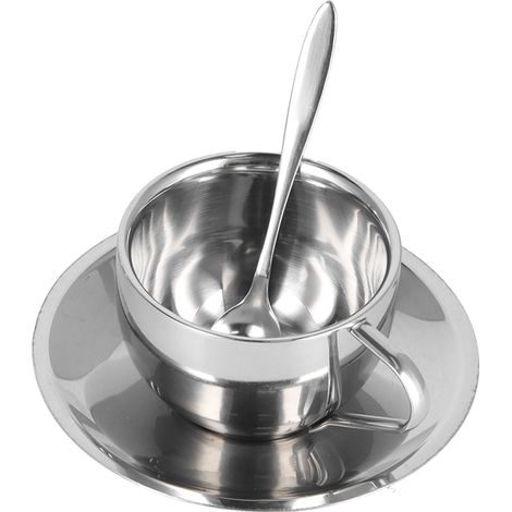 Ensemble de 3 tasses à café isothermes en acier inoxydable à double paroi, avec soucoupe et cuillère (180 ml). (1/5)