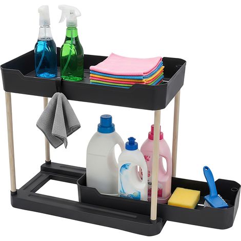 Spülschrank Regal 2 Ebenen 40 cm x 35 cm ausziehbar - schwarz - Küchen Unterschrank Organizer mit Korb Ablage Schublade