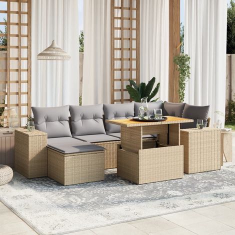 Set sofás de jardín 7 piezas y cojines ratán sintético beige vidaXL (1/3)