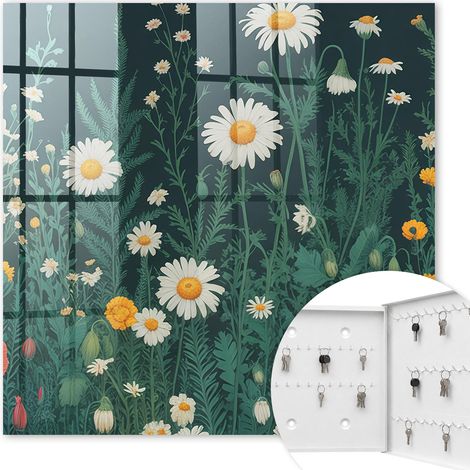 Armoire à clés - (30 cm x 30 cm) - Boîte à clés murale - Coffret de rangement pour clés - Couleur blanche - Ouverture vers la droite - Pour maison et bureau - prairie fleurie (1/5)