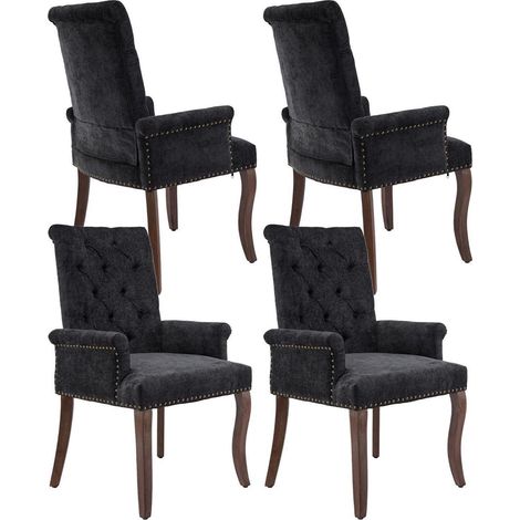 Lot de 4 chaises de salle à manger noires avec accoudoirs, dossier haut, tissu chenille, pieds bois massif (1/5)