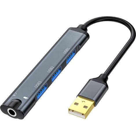 Adaptateur Audio USB 4 en 1 Hub USB avec Port Audio 3,5 Mm, Prise en Charge Casque et Microphone Tout-en-Un, 3 USB + Port Audio 3,5 Mm, Pilote Plug and Play (1/5)