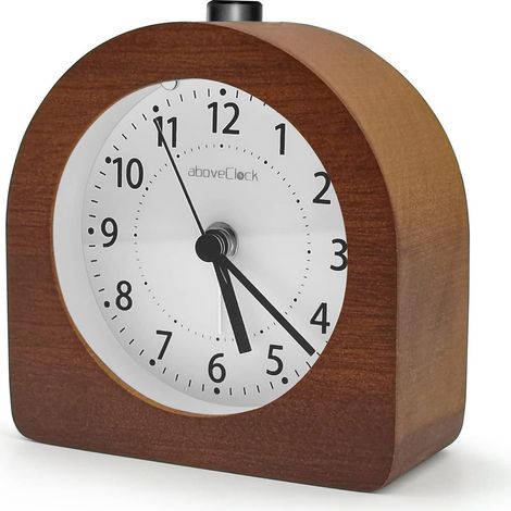 Réveil analogique silencieux en bois foncé, fonction snooze, sans tic-tac, fonctionne sans fil, idéal voyage, batterie incluse, design mural ou bureau (1/5)