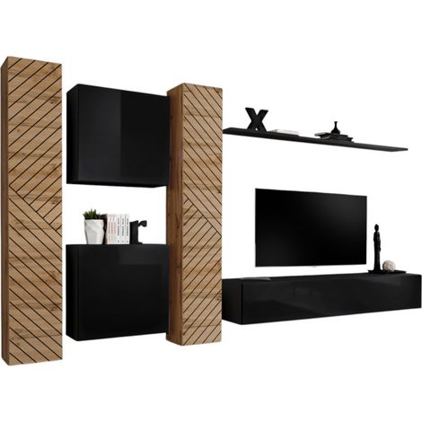 Set di mobili da soggiorno di design SWITCH VI. Colori rovere e nero, finitura rovere effetto fresato e nero lucido.