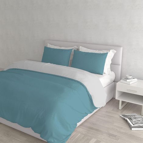 Housse de couette double-face couleur unie avec taies d'oreiller, 100 % Coton, Sarcelle/Gris Clair (1/5)