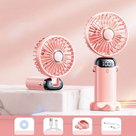 Ventilateur portable rechargeable par USB avec 5 vitesses,mini ventilateur de bureau pliable avec écran LED pour les voyages en plein air (Rose)