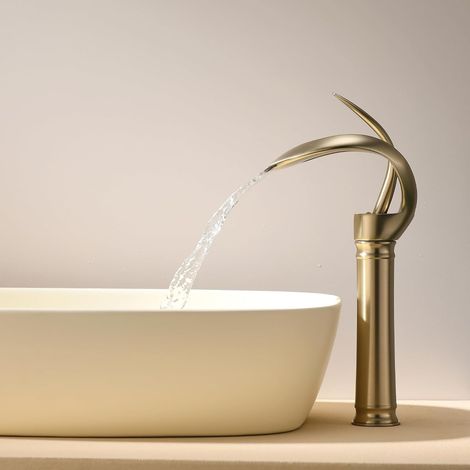 Mitigeur Lavabo Cascade Haut, Robinet Salle Bain or Brossé, Moderne Robinet Salle De Bain Cascade, Design Elégant Robinet Lavabo, Mitigeur En Laiton, Eau Chaude Et Froide Disponible (1/5)